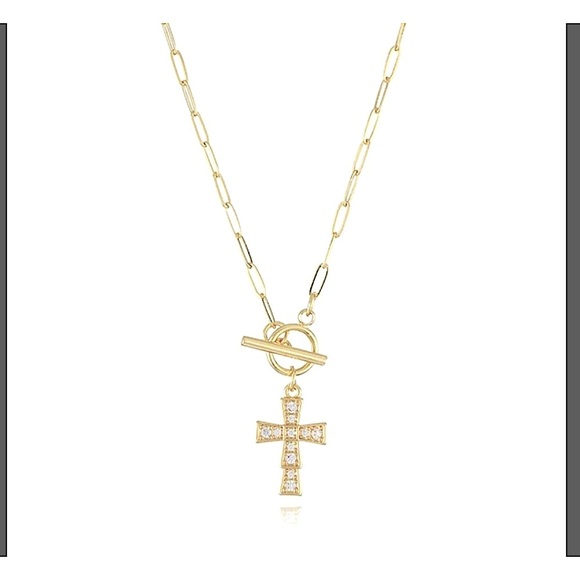 Boutique Jewelry - Unisex 18k Gold-Plated Simulated Diamond Cross Pendant Toggle‎ Necklace